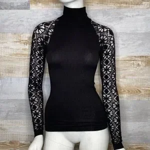 Free People Black Rib and Lace Long sleeve Turtleneck Layering Top